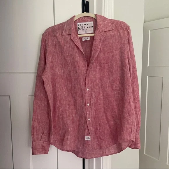 Frank & Eileen Linen Magenta Pink Red Heather Long Sleeve Button Down Eileen Top - Picture 2 of 5